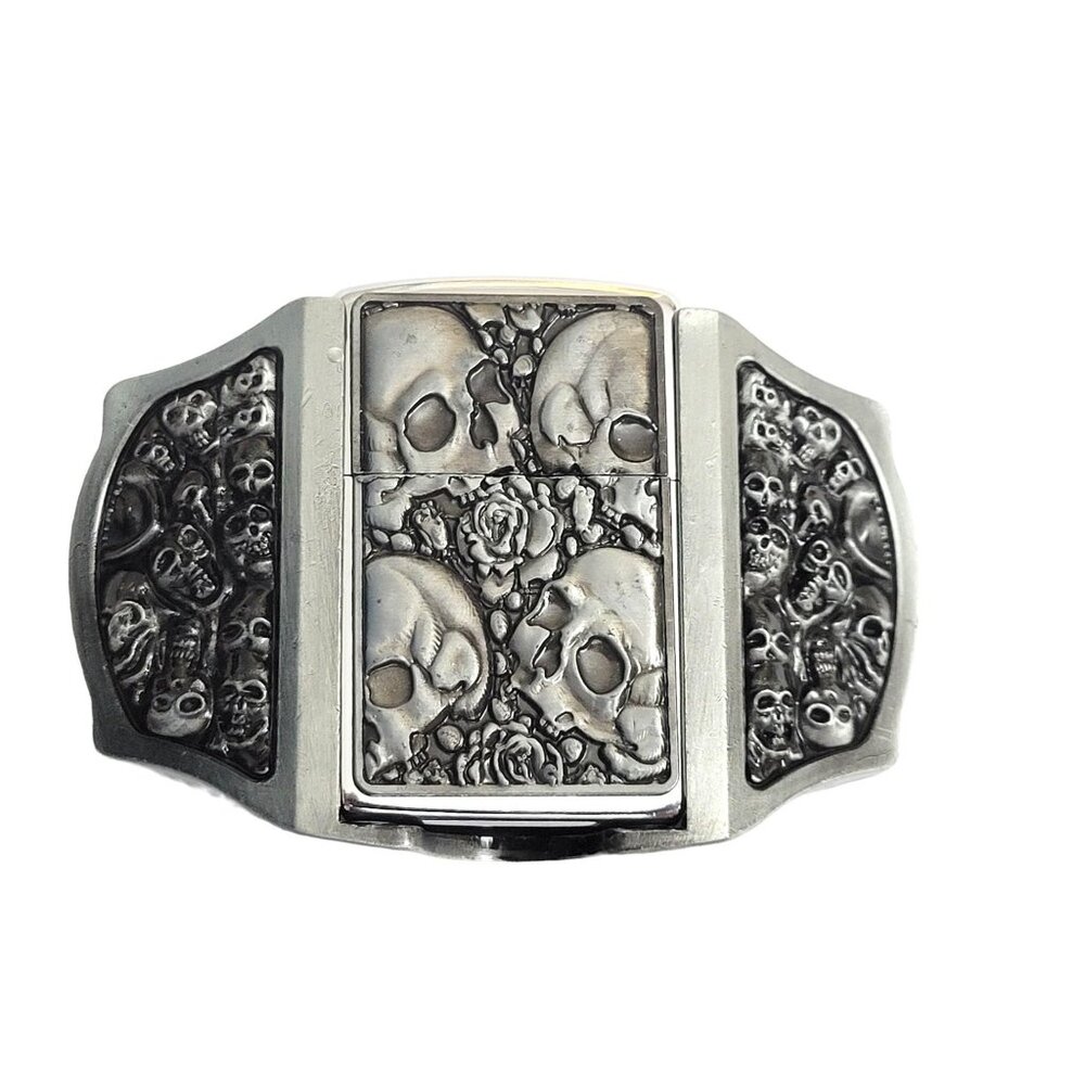 Antique Silver Metal Skulls Lighter Belt Buckle Lighter Buckle - Free Engraving - Picture 3 of 10